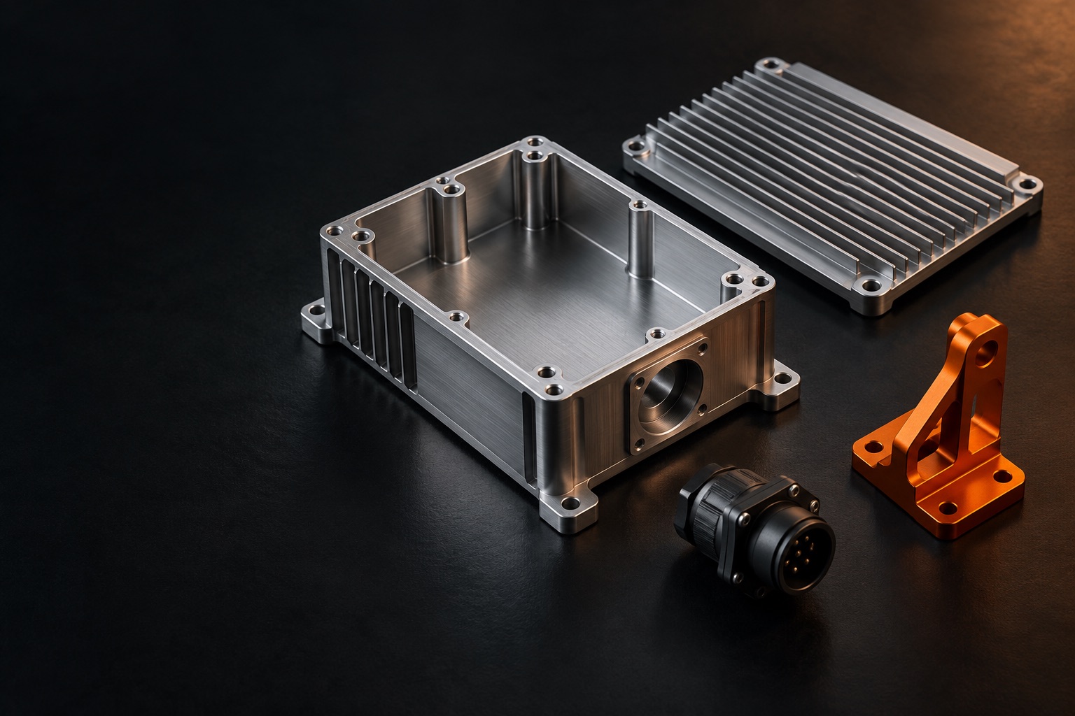 Concept illustration of a machined industrial housing and components; not an existing Falq product